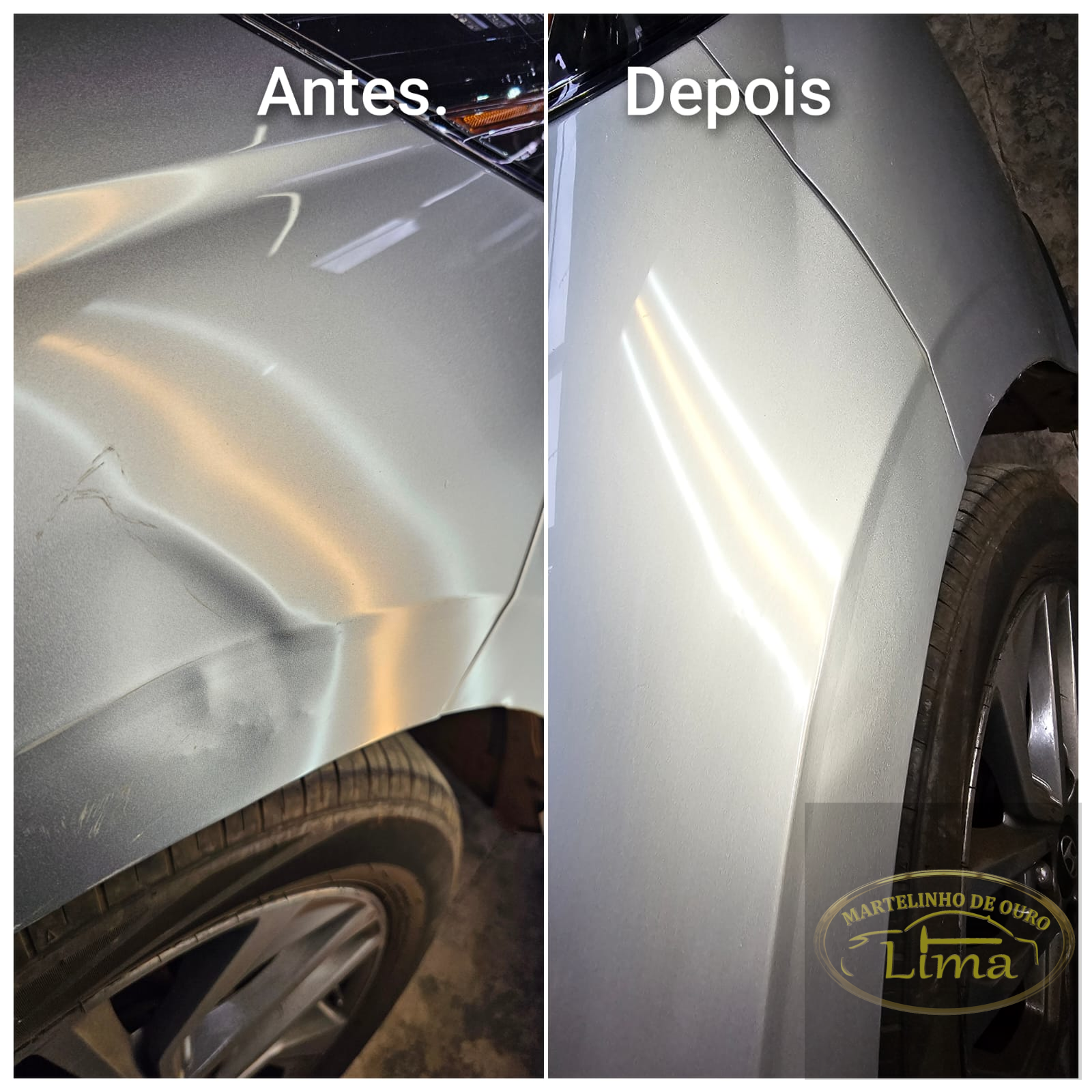 Antes e depois de amassado corrigido no para-lama